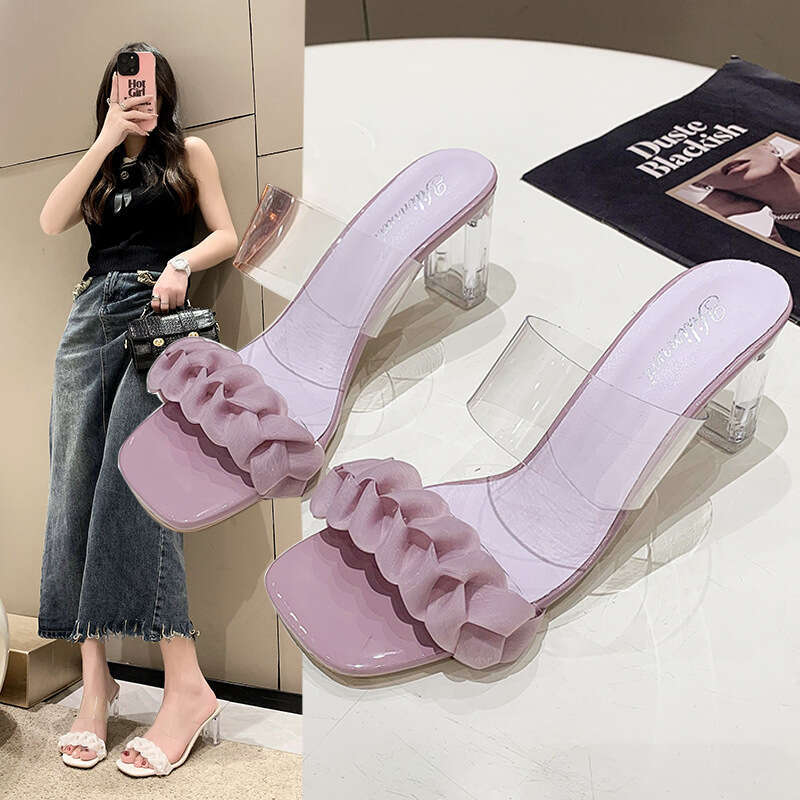 Transparent High Heels Summer Crystal Chunky Heel for Women 2023 New Fairy Style Half Slippers French Internet Celebrity Sandals