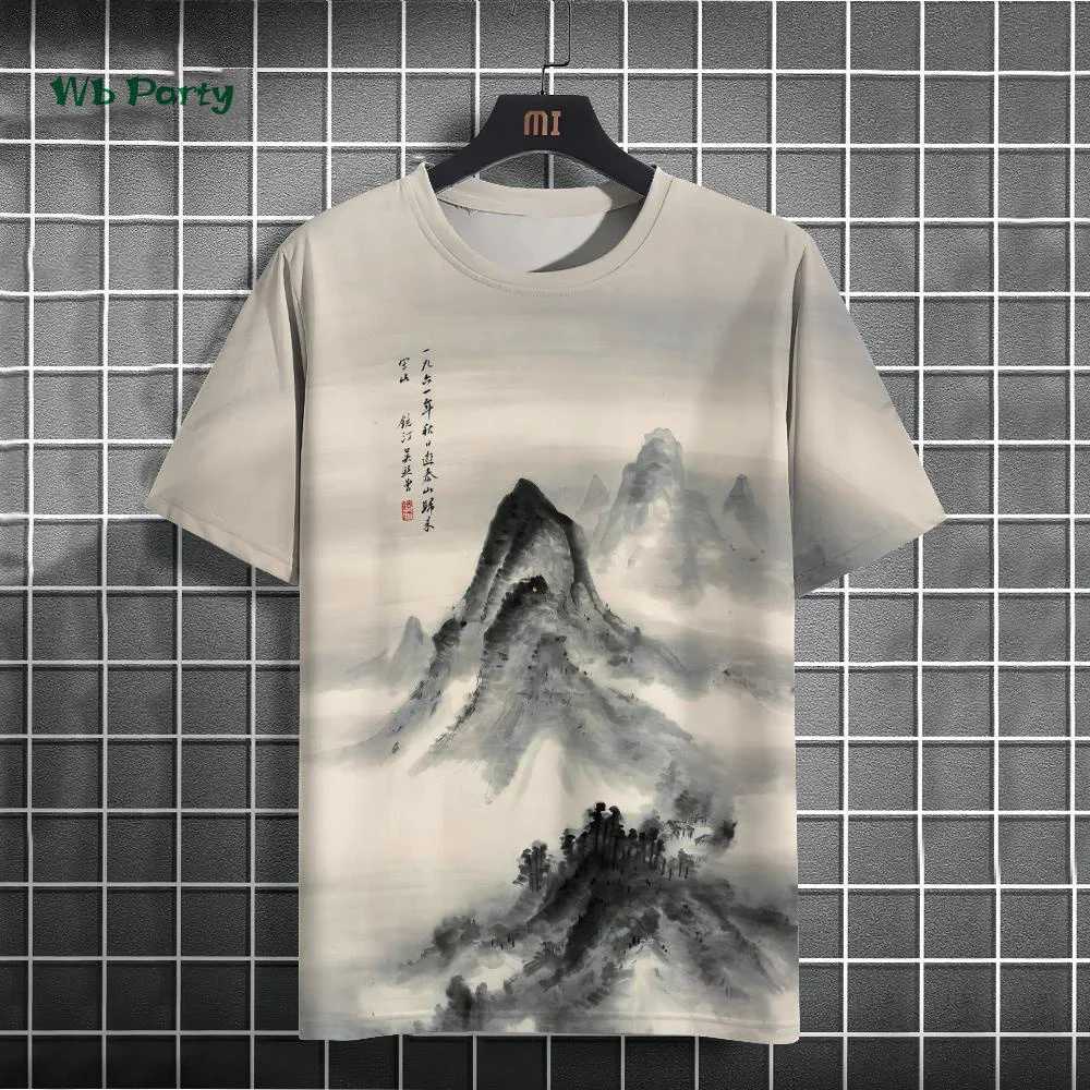 Fashionable mens T-shirt with ink painting print short sleeved T-shirt oversized casual top summer mens daily outdoor clothing Y250819