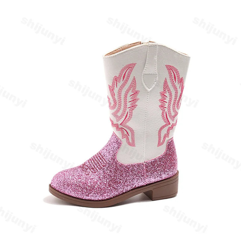 Girls Boots Toddler Snow Gear Mid Calf Glitter Western Cowboy Boot 2025 Autumn Big Kid Riding Girls Botas Size 2736 Kids Shoes 250902