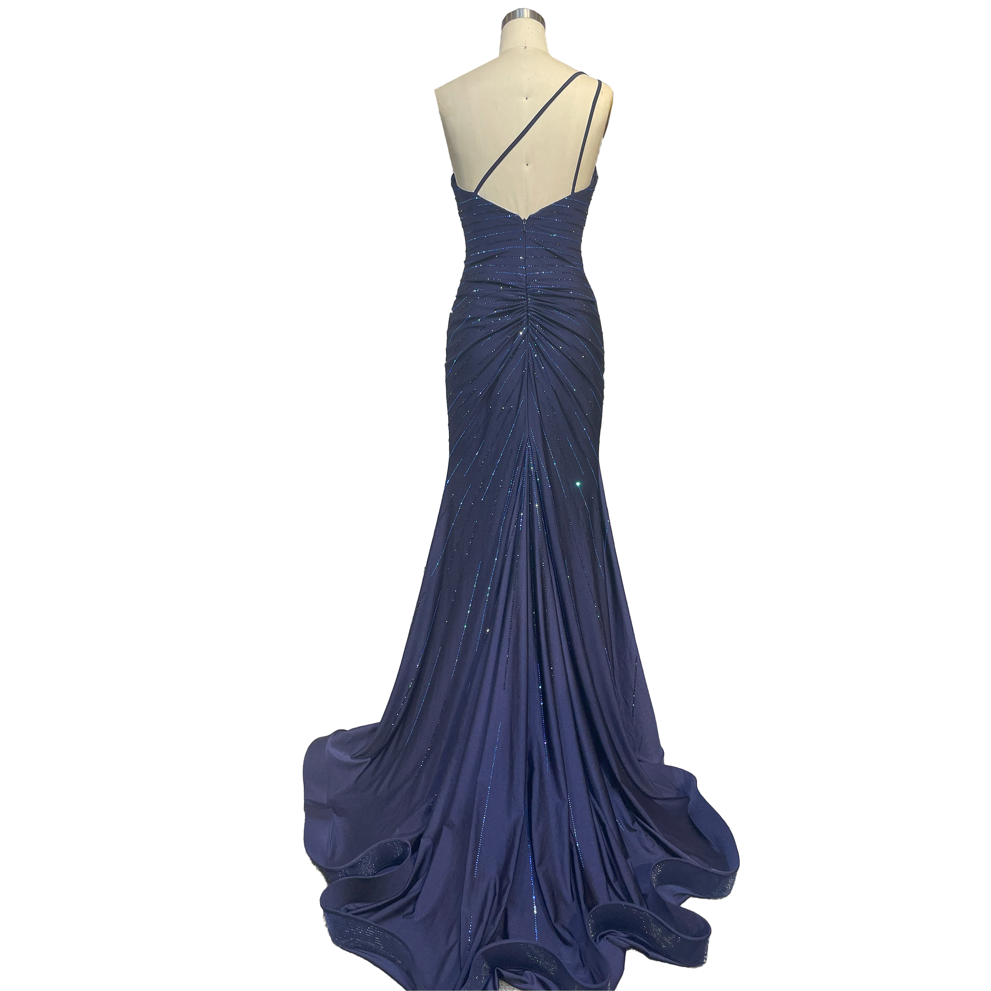 One - Shoulder Navy Blue Sequin Embellished Mermaid Evening Gown