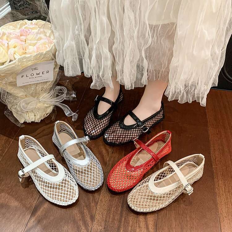 36-42 Large Size Flat Hollow Summer New Style Sandals for Women, Fishnet Surface Shoes, 2025 Mary Jane Single Shoes