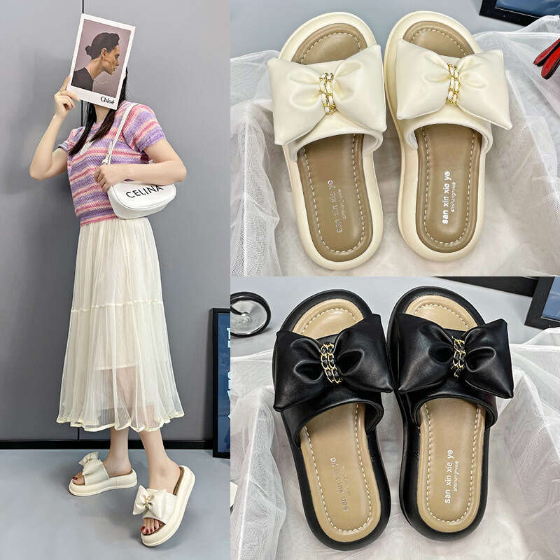Thick-Soled Slippers for Women Summer Outdoor 2023 New Fashion Internet Celebrity Bow Fairy Style Mid-Heel Platform One-Strap Sandals