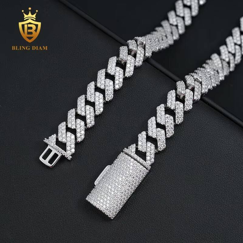 Factory Direct Wholesale Moissanite Cuban Chain Necklace Hip Hop Style VVS Diamond 2 Rows Sizes 12mm 925 Silver Men