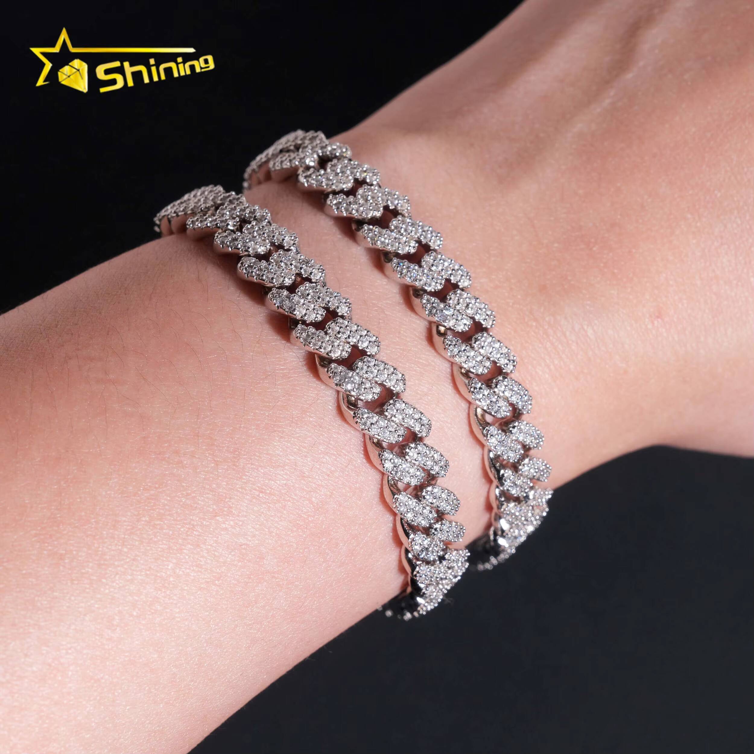Hot Selling 925 Sterling Silver 8mm Width 2 Row Hip Hop Iced Out Moissanite Cuban Link Bracelet