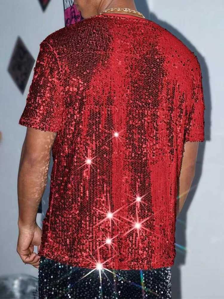 Vintage Mens Sequin T Shirts Fashionable Plaid Glitter Designer T-shirt Men Summer New Casual Short Sleeve O Neck Shinny Tees Y250819