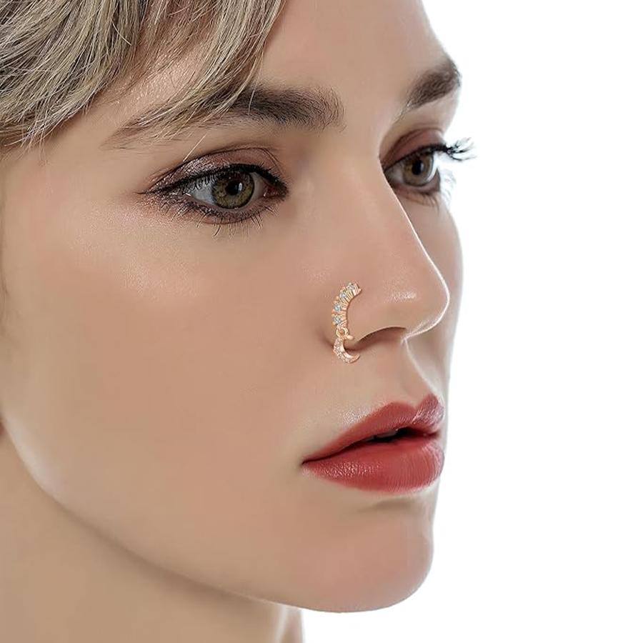 10Pcs Dangle Nose Rings Hoop Butterfly Heart Moon Flower Star CZ Cartilage Earring Dangling Nose Body Piercing Jewelry 20G Rose Gold Tone