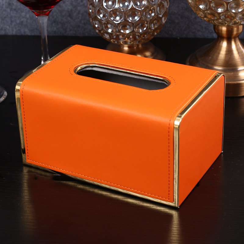 Luxury Style Orange Leather Multi-Function Desktop Tissue Storage Box R250626