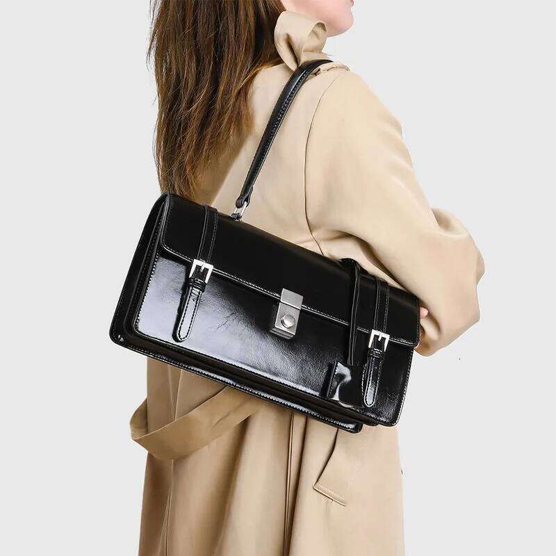 New Designer Women S Oil Waxed Leather Postman Handbag Accordion Flip Motorcycle Shoulder Retro Armpit Bag