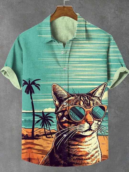 Summer Mens Retro Cartoon Anime Cat Theme Short Sleeve Shirts Short Sleeve Tops Fashion Casual Vacation Streetwear Mens Shirts Y250819