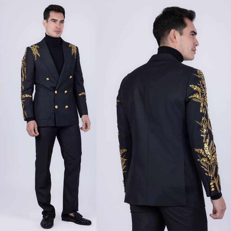 Stylish Men Suits Peaked Lapel 2 Pieces Blazer Pants Beads Sequins Special Occasion Party Wedding Groom Tuxedo Customized