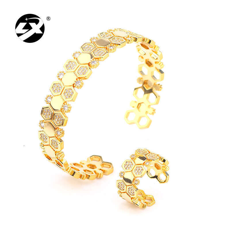 Exaggerated Geometric Jewelry Simple Micro Pave Zircon Honeycomb Hexagon Bracelet Ring Set Direct Sale