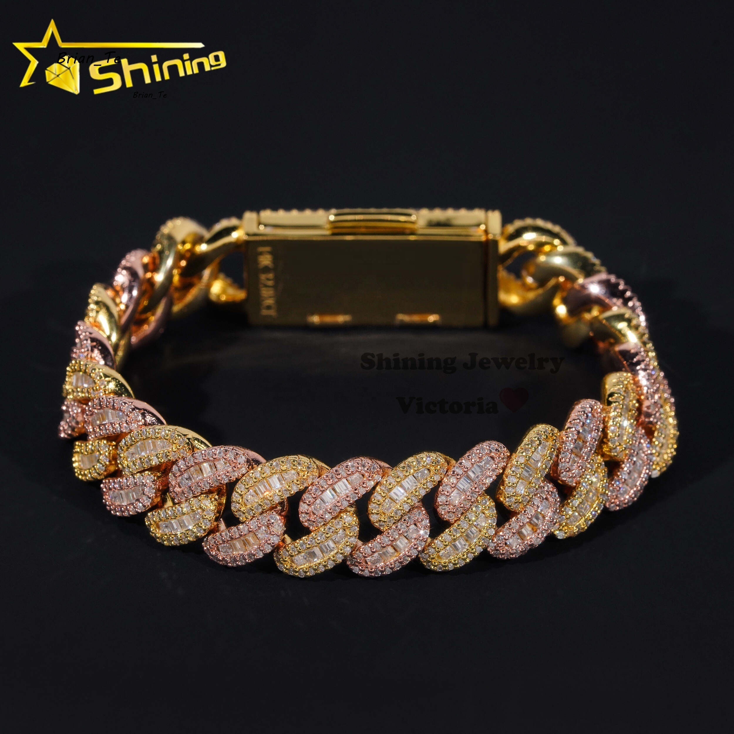 Hip Hop Iced Out 925 Sterling Silver Rose Gold Mix Yellow Gold 13MM Width Baguette Moissanite Cuban Link Chain Bracelet for Men