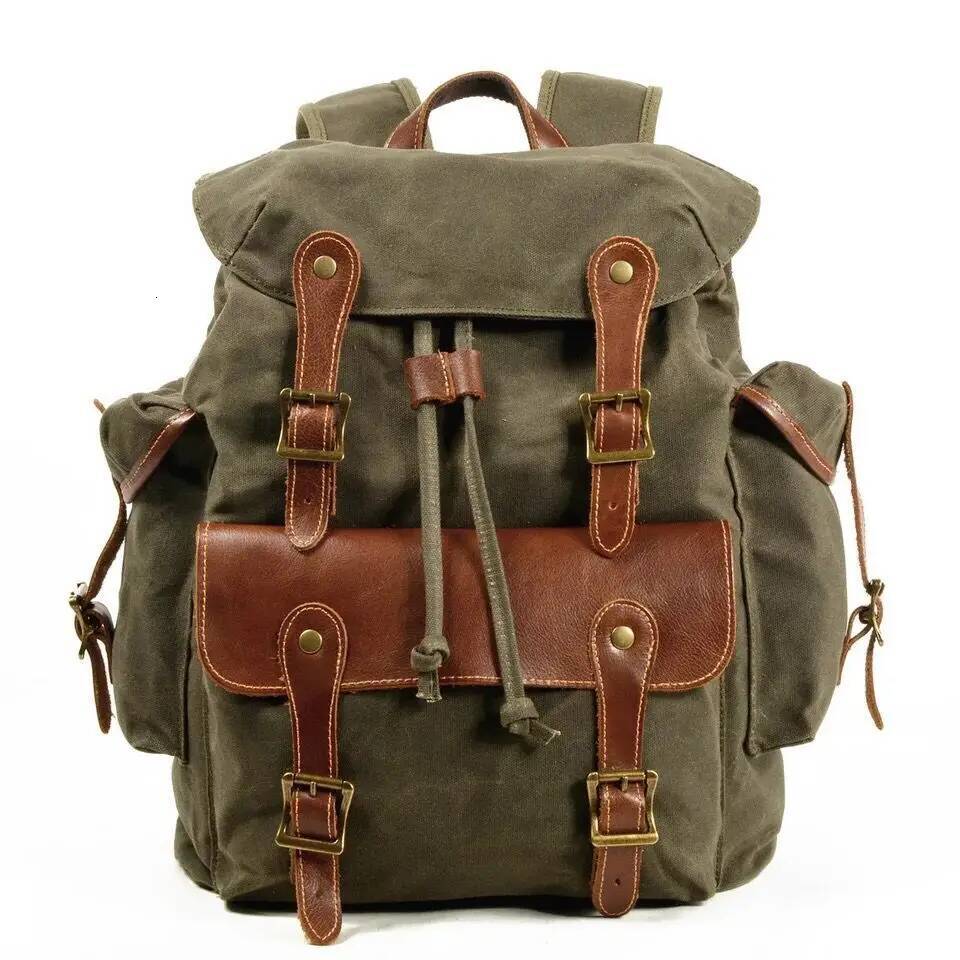 Vintage Backpacks Leather Backpack Men, Waxed Canvas Shoulder Rucksack for Travel School high-quality