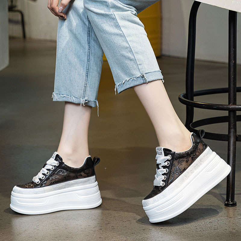 2025 Summer New Lace Mesh Height-Increasing White Sneakers for Women, Versatile Fashionable Casual Shoes, Thick-Soled Platform Shoes