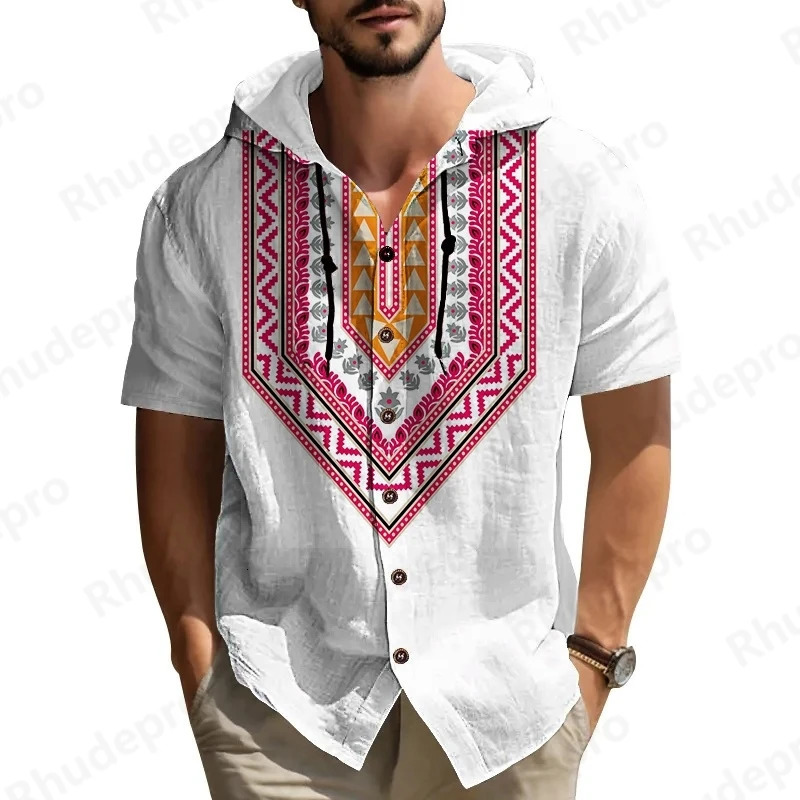 Summer Men 2025 Printed Shirt Streetwear Short Sleeve National Style Hoodie Clothing For Male Casual Loose Button Man Shirts 250808