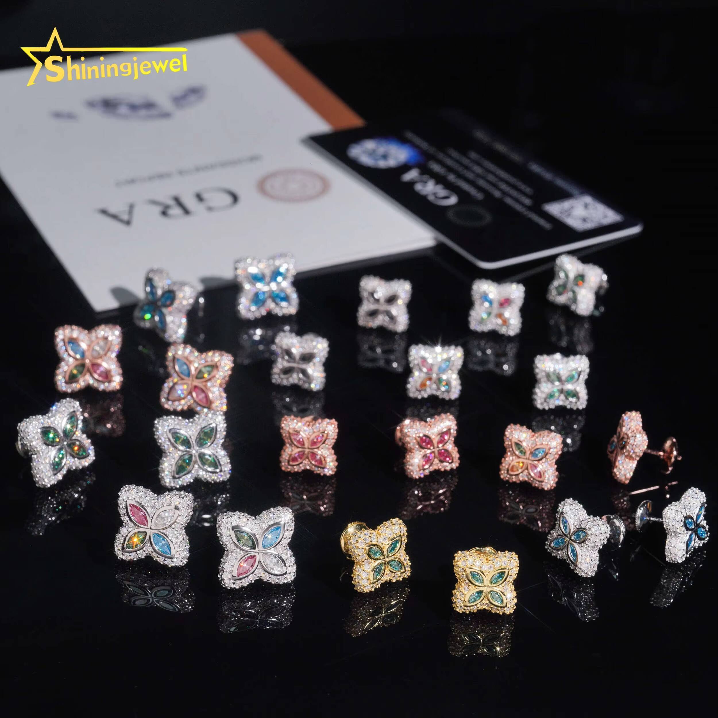925 Sterling Silver Colored Clover Earrings Moissanite Screw Back Fine Jewelry Men Women Iced Out Moissanite Earrings Daily Wear