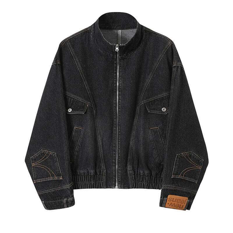 Fashionable Mens Patchwork Jacket Streetwear Vintage Stand Collar Zip-up Denim Jackets For Men Spring Casual Jean Outerwear