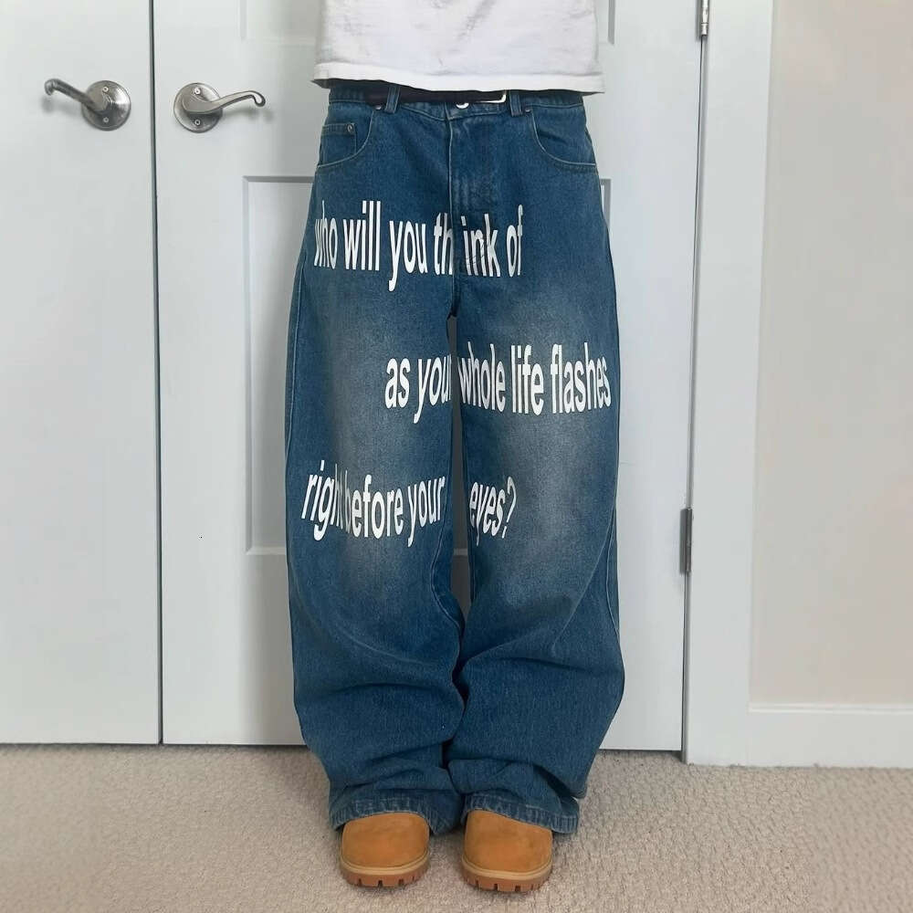 Harajuku Trendy Street Hip-Hop Wide-Leg Pants Letter Print Gothic Washed Vintage Jeans
