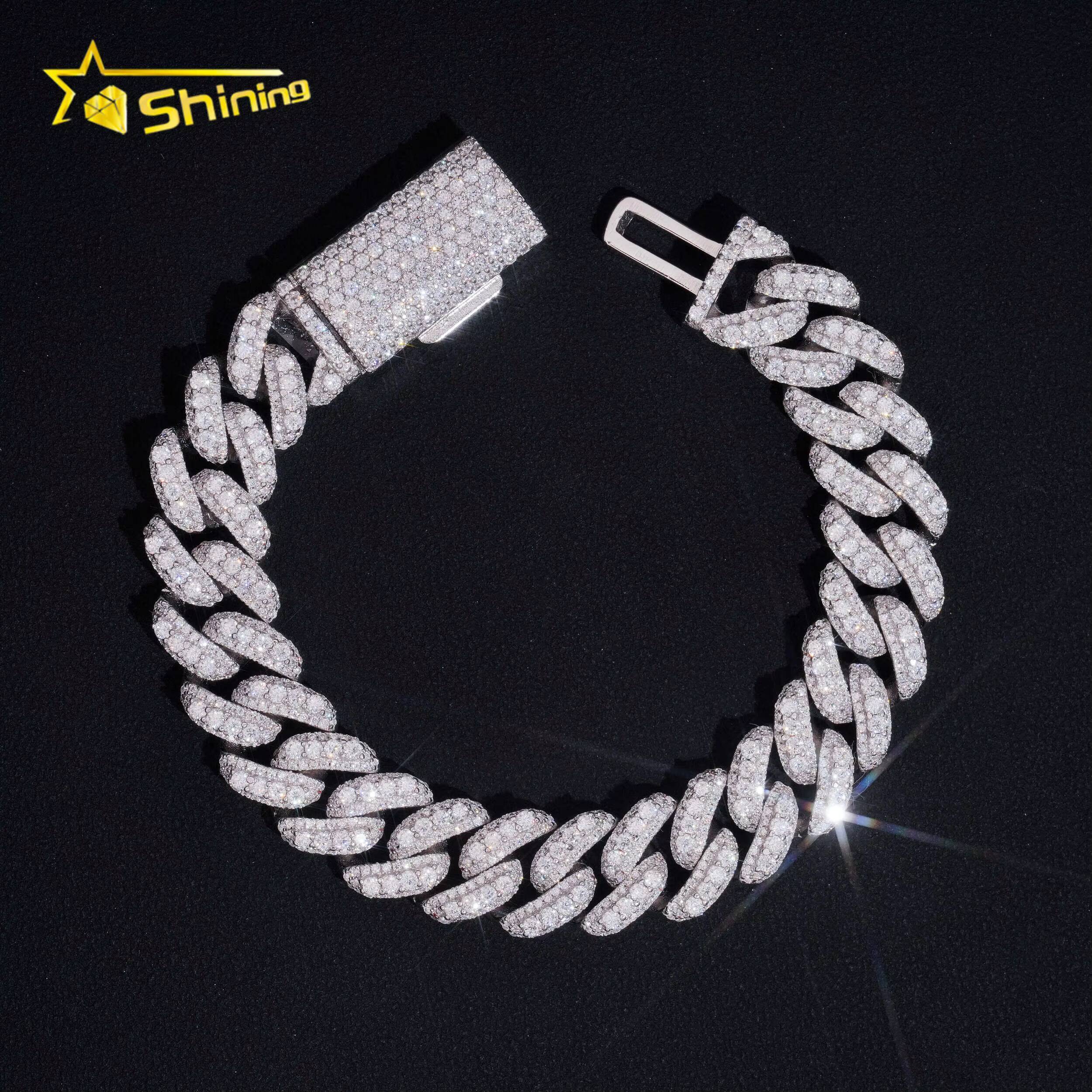 Hip Hop GRA Certificate 13MM Moon Shape Moissanite Cuban Link Bracelet Custom 925 Bracelet Sterling Silver for Men Fine Jewelry