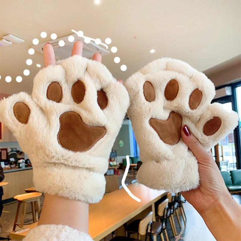 Lovely Plush Cat Claw Paw Gloves Mittens Warm Soft Short Fingerless Fluffy Bear Costume Half Finger 250811