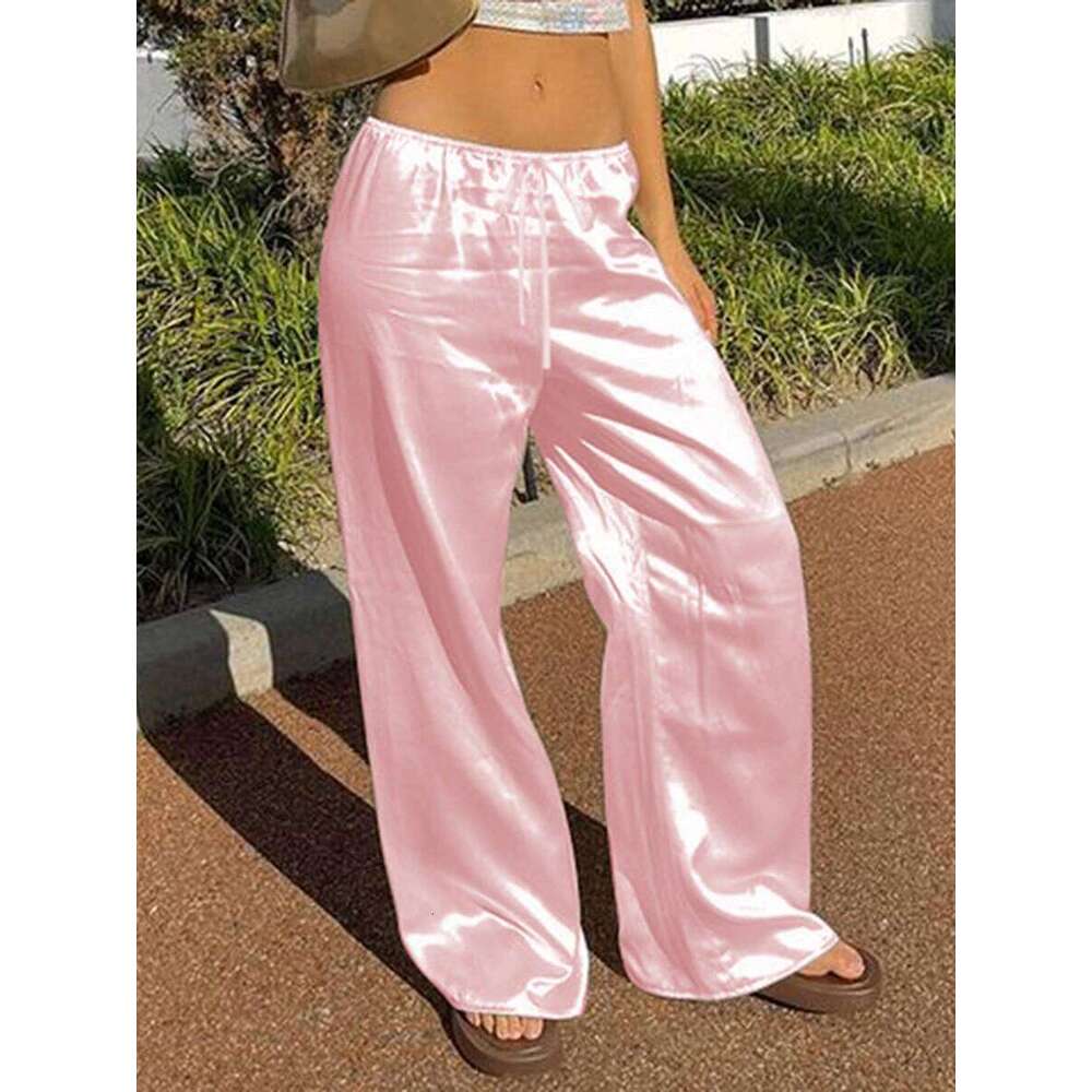 Chic Satin Wide Leg Dress Pants Women's Stylish Elastic Waist Loose Fit Long Trousers for Streetwear Work Solid Color