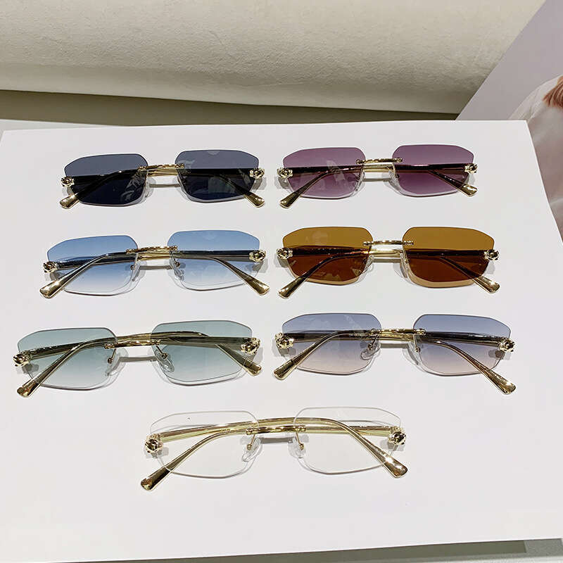 Designer New Metal Cut Edge Rimless Polygonal Cheetah Decorative Fashion Ins Sunglasses