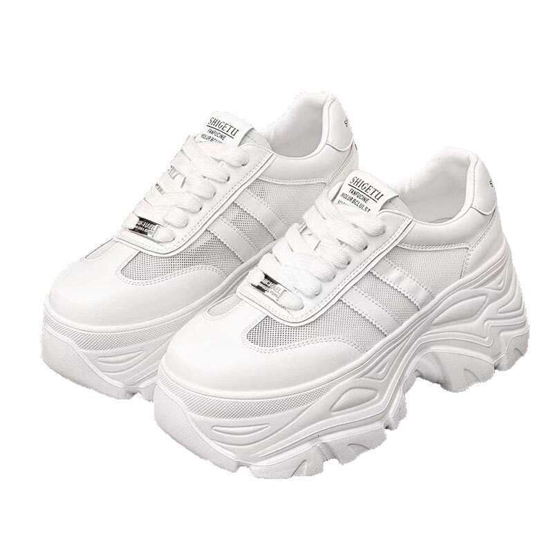 Genuine Leather Women's Summer Height Increase 8cm Breathable Hollow Single Mesh Small Size Platform Dad Shoes