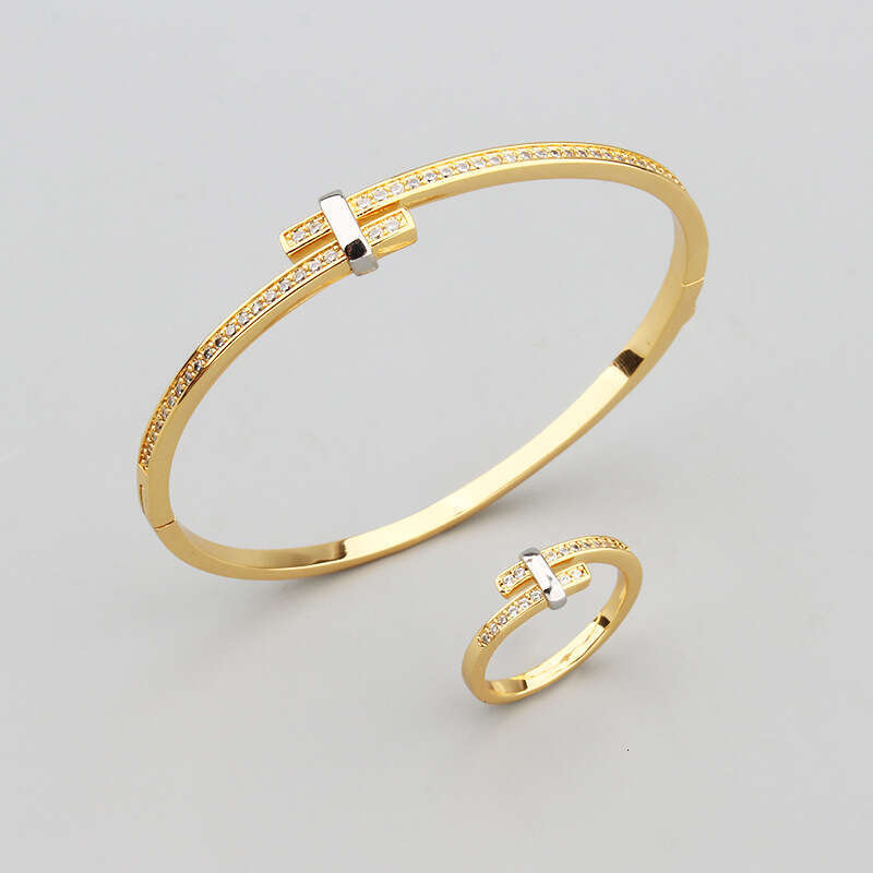 New Simple Closed Two-tone Bracelet Ring Set for Men and Women, Elegant Eco-friendly Copper Gold-plated Zircon Inlaid Jewelry