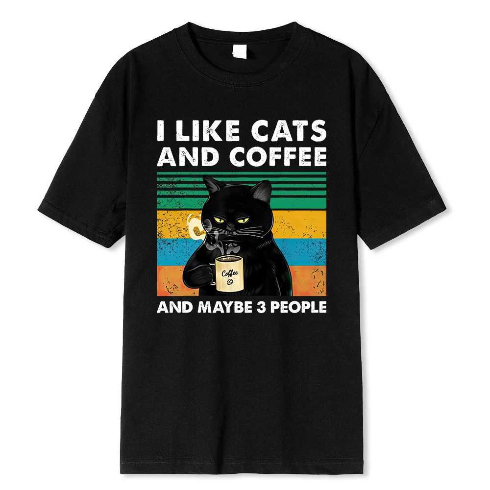 I Like Cats And Coffee Funny Printed T-Shirt For Men Women Casual Loose Cotton Clothing Harajuku Breathable Tshirt Hip Hop Tees Y250819
