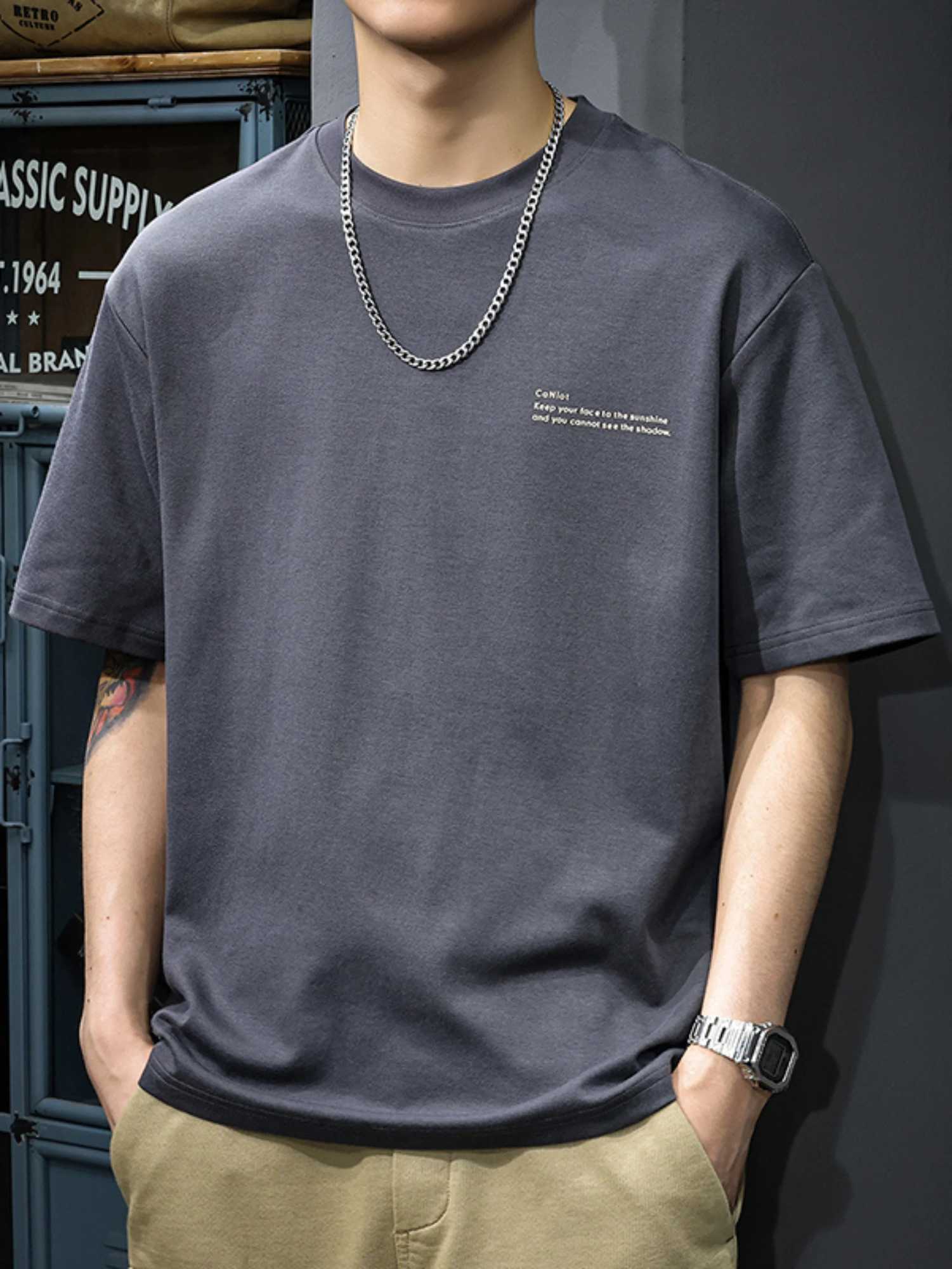 Mens 100% pure cotton summer loose size simple letter printed casual and comfortable round neck short sleeved T-shirt top Y250819