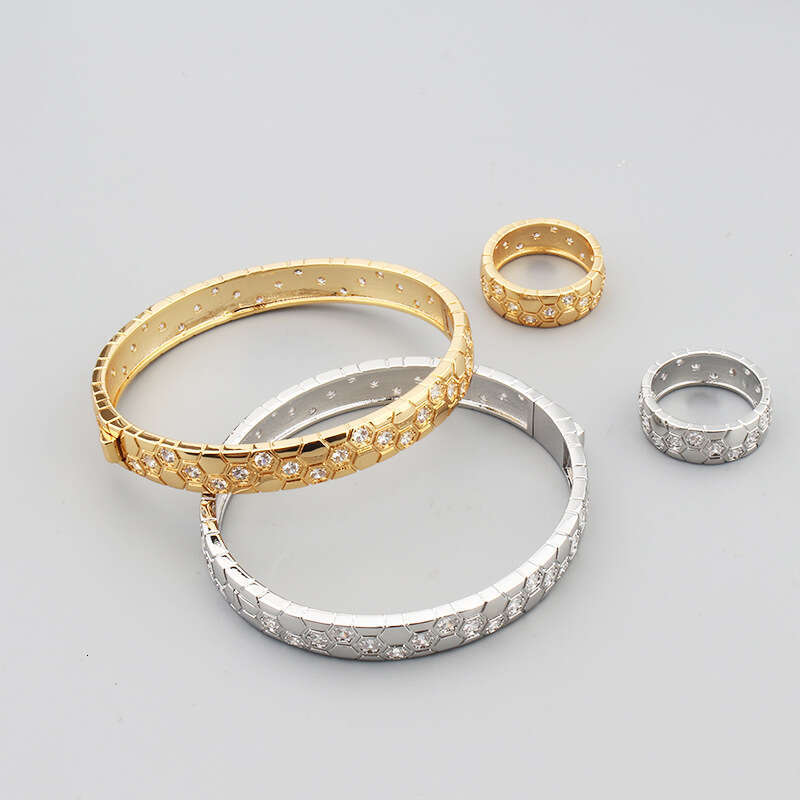 Japanese Korean Style Simple Honeycomb Hexagon Polka Dot Inlaid Dia Ring Fresh and Elegant Unisex Temperament Bracelet