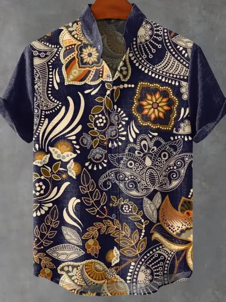 2025 Printed Mens Linen Blended Short Sleeve Shirt Retro African Tribal Totem Pattern Street Fashion Tops Vintage Man 250808