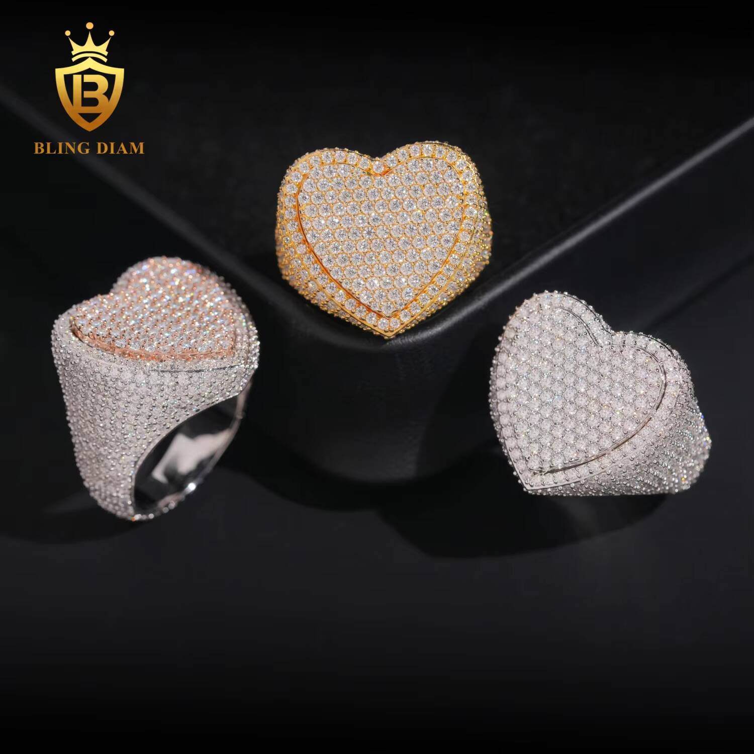 Hip Hop Style Jewelry Heart Shaped Mens Rings Fully Diamond Vvs1 Moissanite Iced Out 925 Solid Silver Rose Gold Double Layer