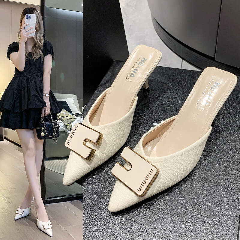 Sandals 2023 New Spring Fashion Square Buckle Outdoor Wear Mid Thin Heel Pointed Closed Toe Half Slippers Women's Single Shoes