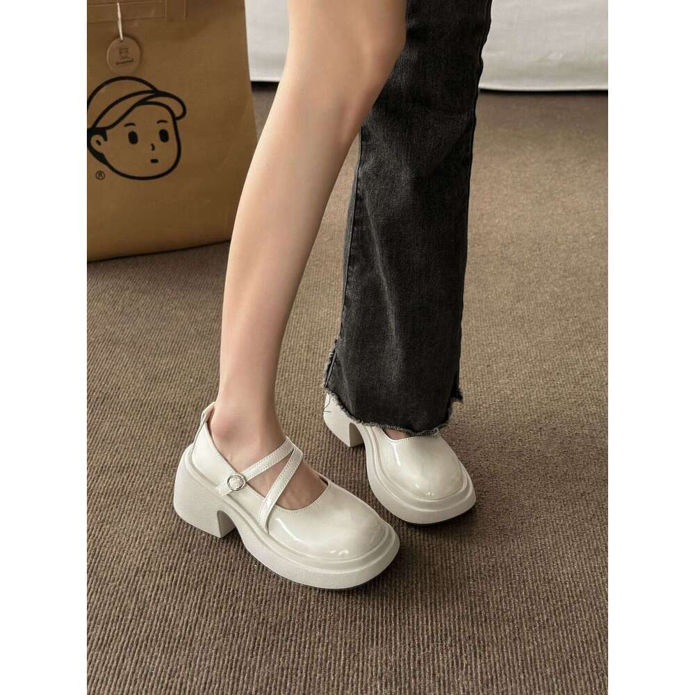 Shallow Mouth Thick Sole Versatile British Style Women's Leather Shoes Chunky Heel Round Toe Mary Jane Flats