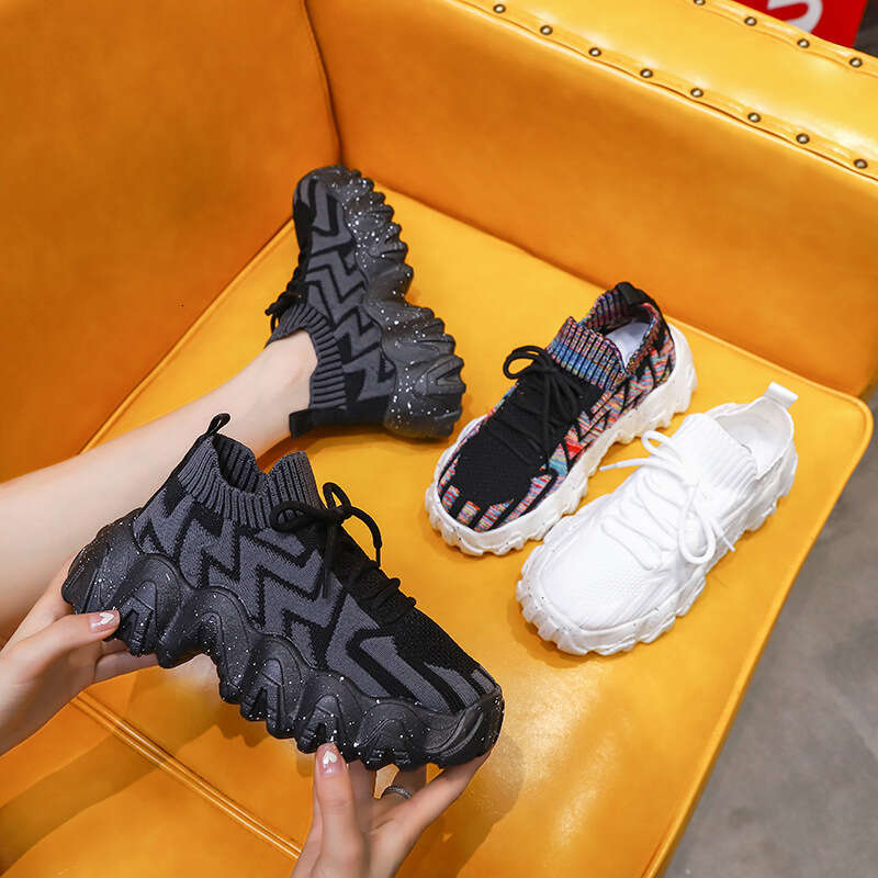 Summer New Trendy Women's with Sock Mouth, Breathable Mesh Wave Sole Casual Running Sports Shoes