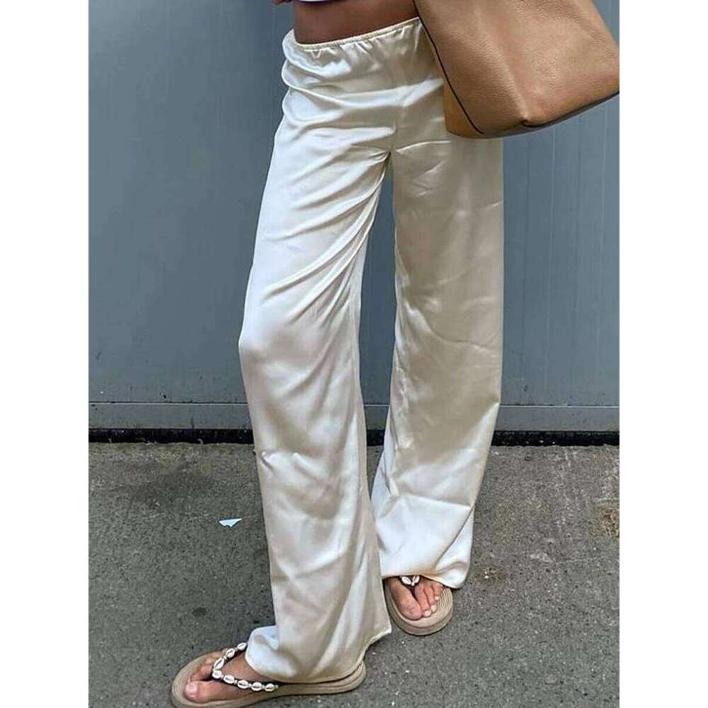 Chic Satin Wide Leg Dress Pants Women's Stylish Elastic Waist Loose Fit Long Trousers for Streetwear Work Solid Color
