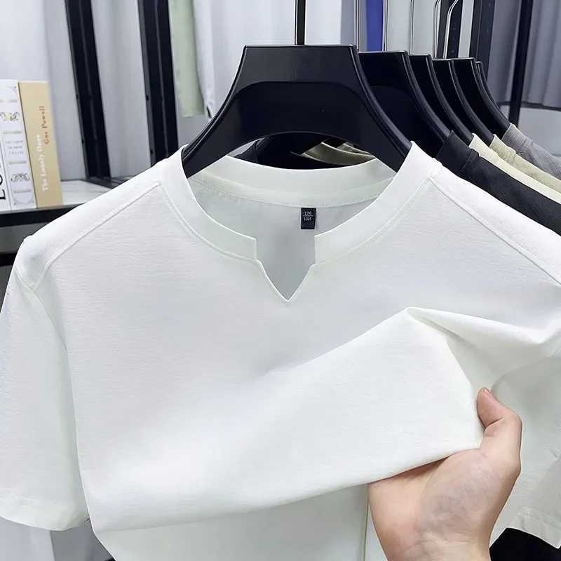 Korean Mens Casual and Fashionable Small V-neck Solid Color Short Sleeved T-shirt Comfortable Summer Versatile Top Y2508191