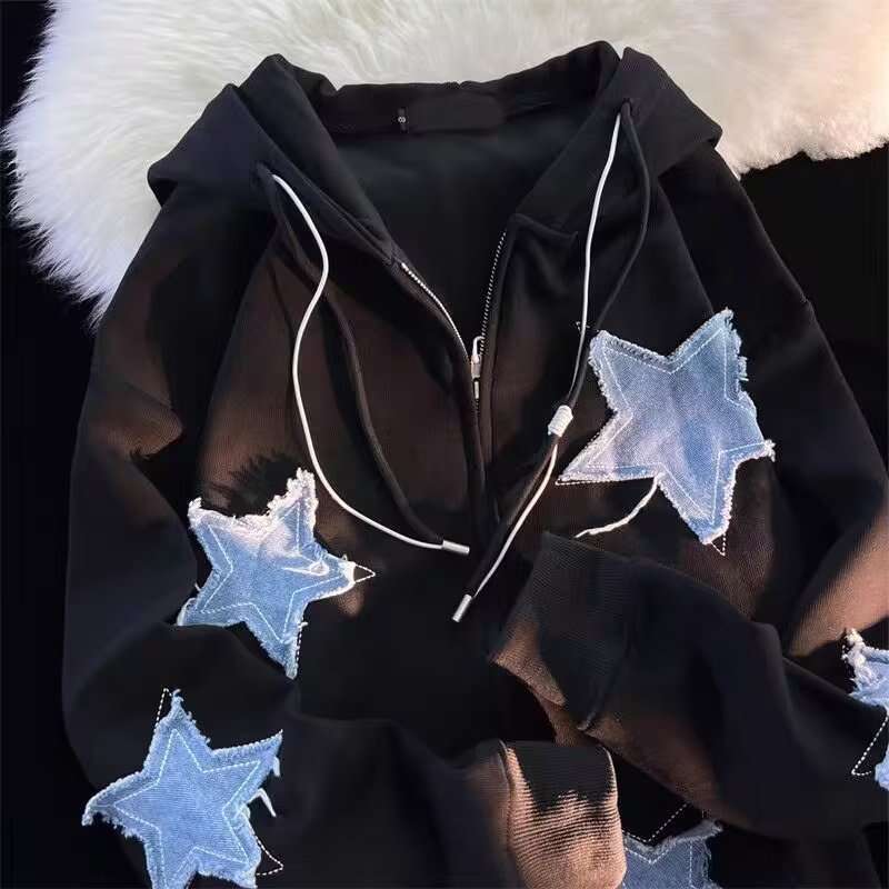 Holocene American Style Trendy Brand Star Embroidery Couple Loose Baseball Jacket Men High Street Vibe Flight Sweatshirt