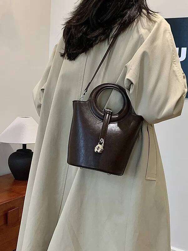 Vintage Bucket Bag Women Convertible Crossbody With Top Handle Leather Trim For Daily Commute