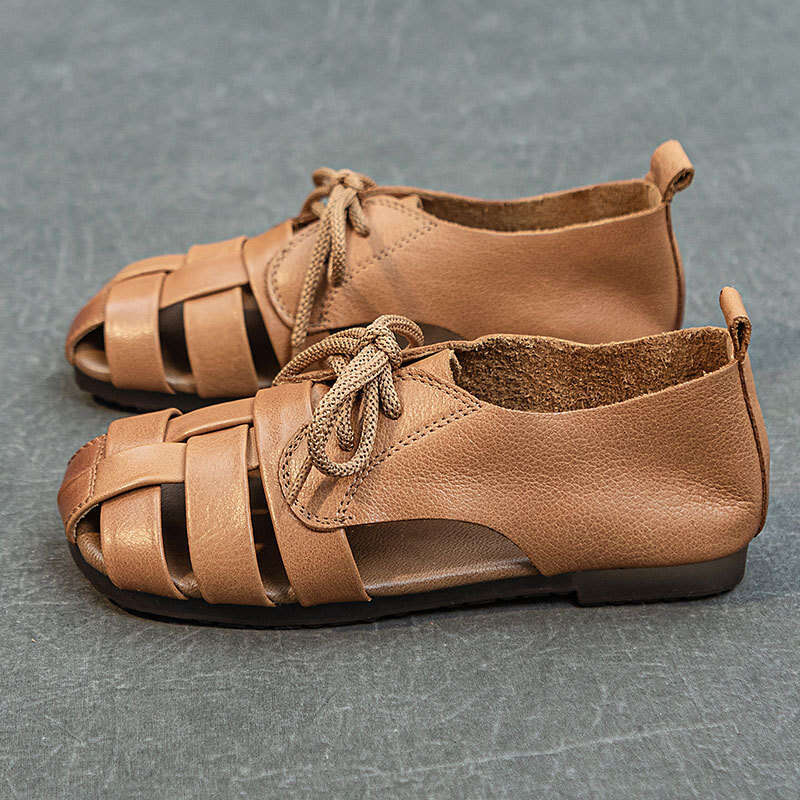 2025 Summer New Roman Sandals for Women, Lace-up Soft Sole Comfortable Flat Genuine Leather Pig Cage Shoes