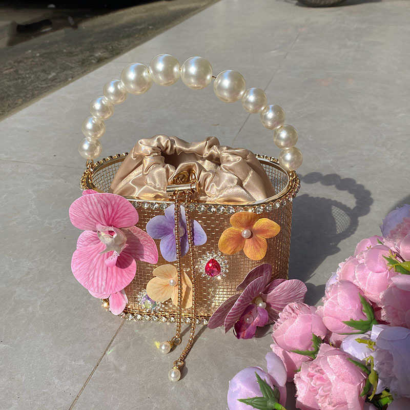 Metal Flower Beaded Handbag Shiny Non-Slip Water Basket Birdcage Party Bucket Clutch Crossbody Bag