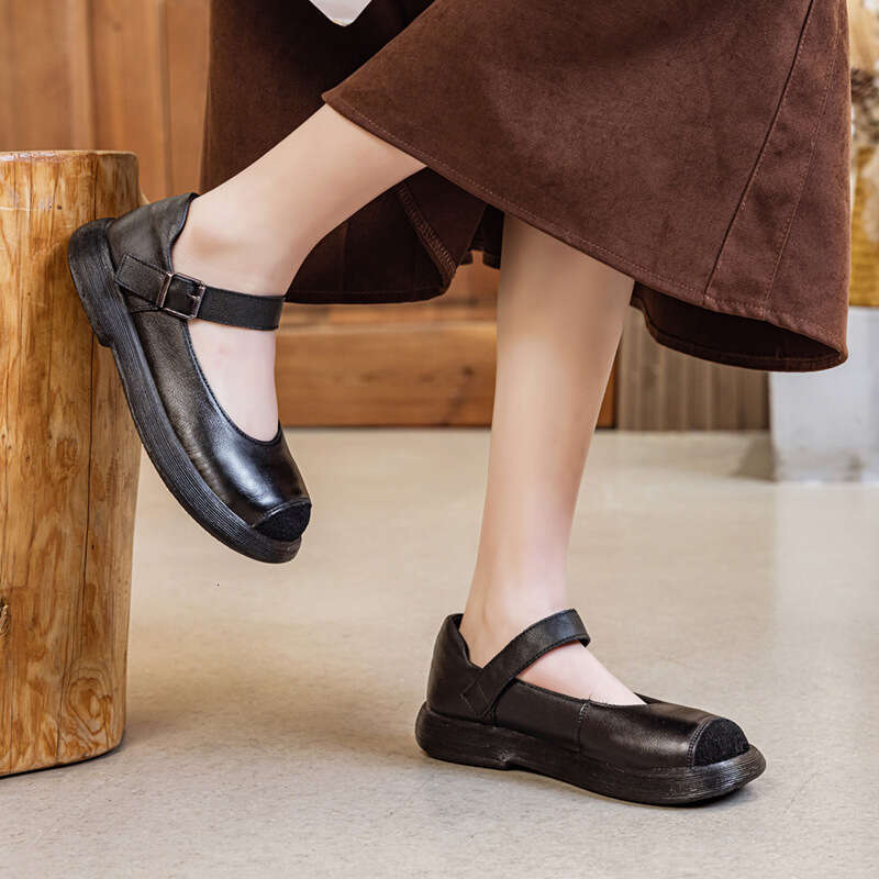 2025 New Summer Autumn Forest Style Top Layer Cowhide Round Toe Women Versatile Genuine Leather Matching Dress Mom Single Shoes