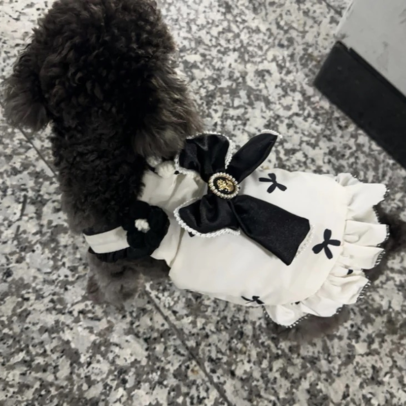 Luxury Dog Dresses with Pearl Bow, Designer Original, Thick Warm Cotton Lined Dog T-shirt, Exquisite Autumn Winter Dog Clothes for Teacup, Pomeranian 