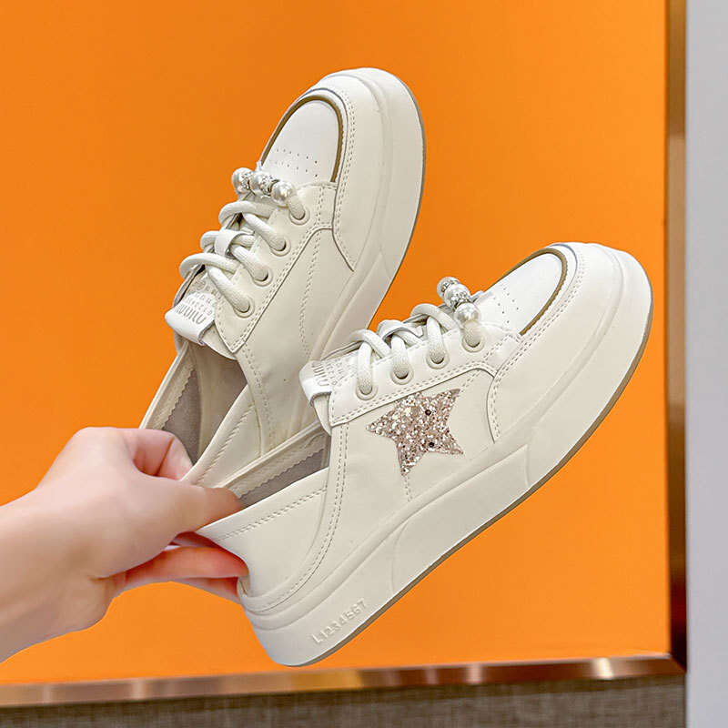 2025 New Genuine Leather White Shoes, Niche Women's Pearls and Pentagram, Flat Sneakers with a High-End Feel, Two-Way Wear Shoes