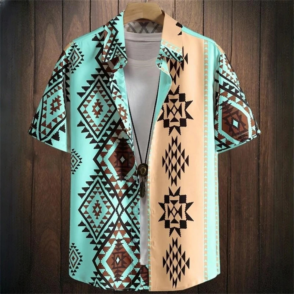 Vintage Hawaiian Shirts For Men Ethnic Pattern Printed Short Sleeve Tops Fashion Casual Clothing Loose Oversized Mens Shirt 250808