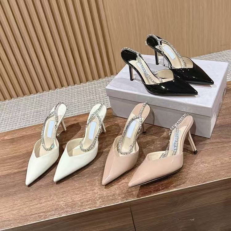 2025 Spring/Summer New Fashionable One Word with Water Diamond Buckle Pointed Sandals for Women's High Heels, Shallow Mouth Single Shoes, Thin Heels Bridesmaids Shoes