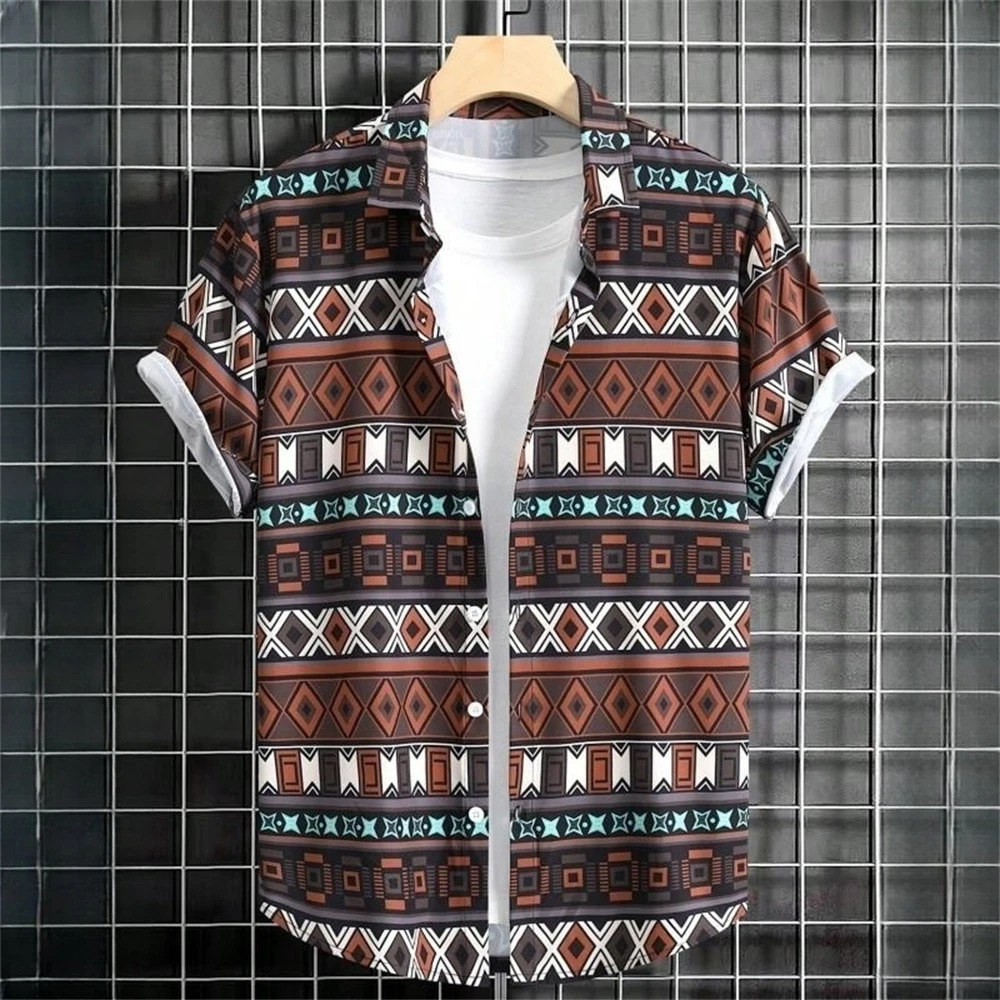 Vintage Hawaiian Shirts For Men Ethnic Pattern Printed Short Sleeve Tops Fashion Casual Clothing Loose Oversized Mens Shirt 250808