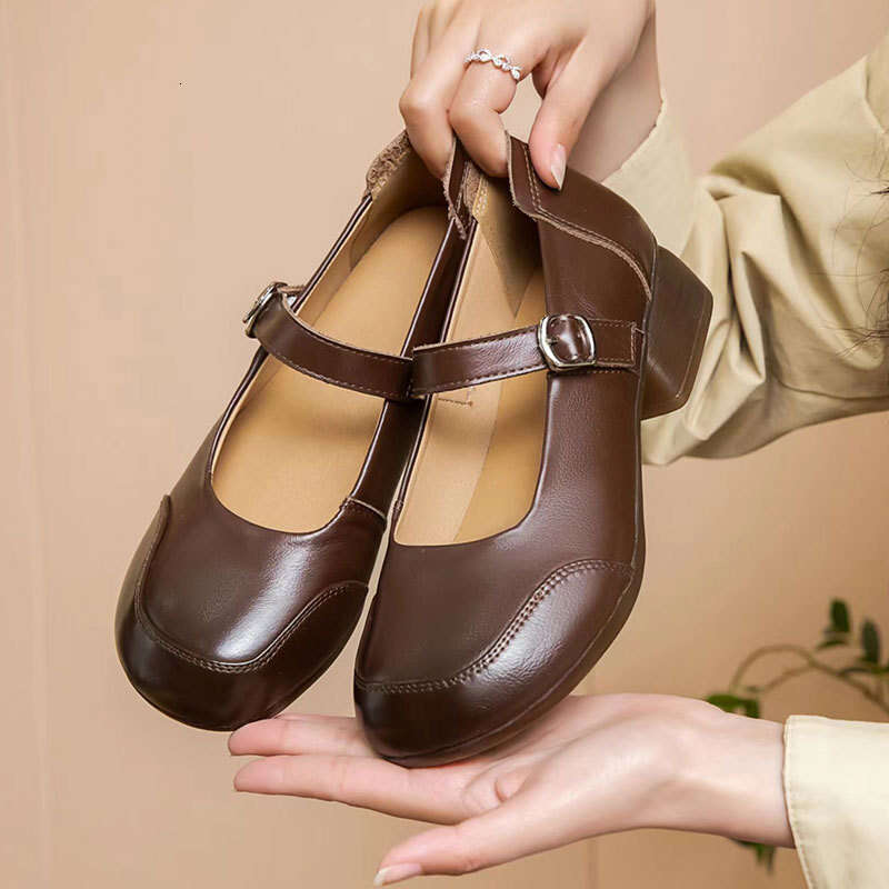 2025 Genuine Leather Summer Women's Shallow Mary Jane Thick Heel Soft Sole Versatile Fashionable Breathable Single Shoes for Moms