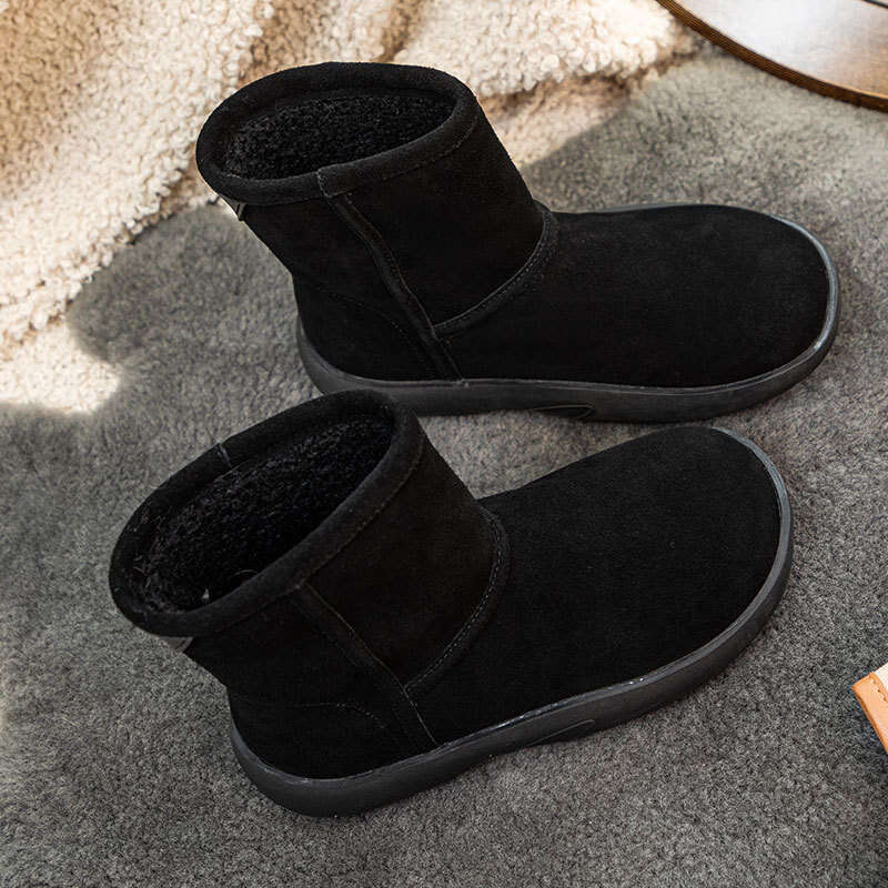 2024 Winter New Thick-Soled Snow for Women British Style Short Boots with Fleece Lining Thickened Warm Round-Toe Slip-On Cotton Shoes